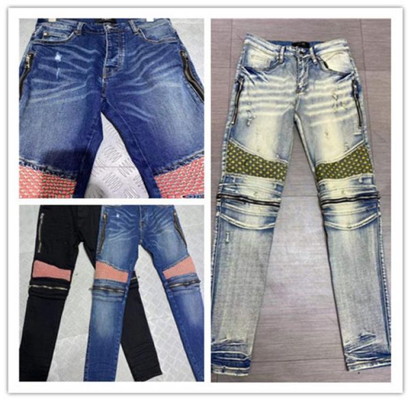 

autumn mens jeans 22ss designer ripped yellow stripe vintage zipper style fashion men denim pnats slim motorcycle biker causal men4024903, Blue