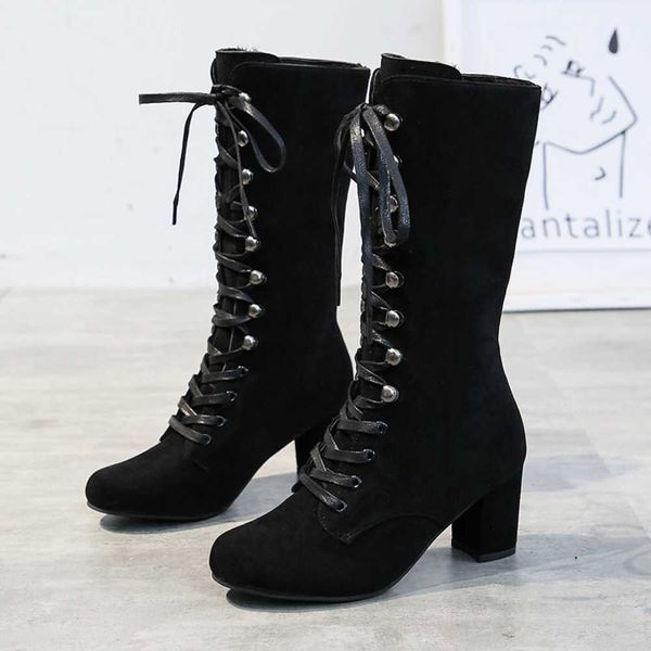 

spring 2023 new large women's boot with thick heel round head front lace cross strap high heel mid length fashion boot 230811, Black