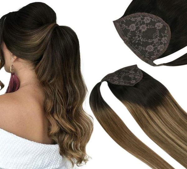 

balayage human hair ponytail virgin brazilian wrap around clip in ponytail extensions slik straight highlights remy pnytail hair8858396, Black