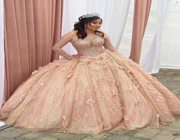 

sparkly 3d floral flowers rose gold plus size quinceanera prom dresses 2022 ball gown long illusion sleeves crystal rhinestones sw9859322, Blue;red