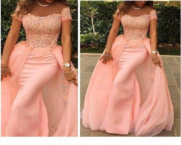 

modern offtheshoulder mermaid tulle evening dress floorlength lace applique short sleeves peach prom dress robe de bal princess9341555, Black