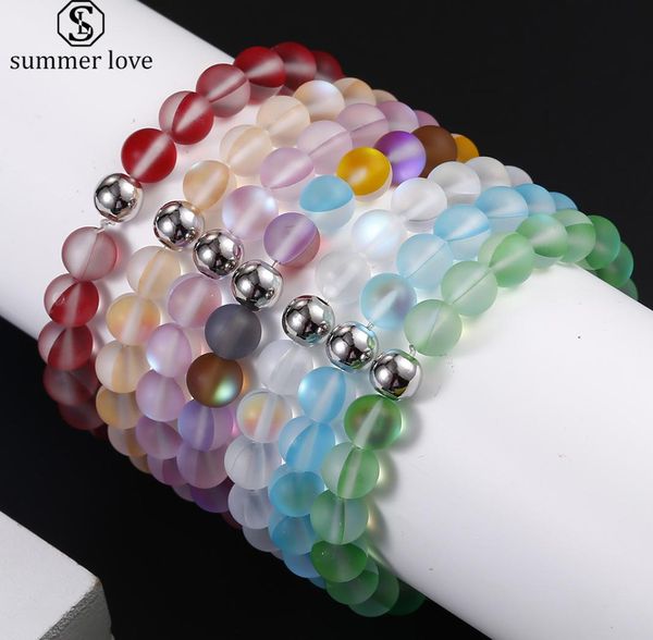 

8mm dull polish frosted crystal glass flash stone bead bracelet for women men multicolor moonstone strand beads bracelet fashion j7131961, Black