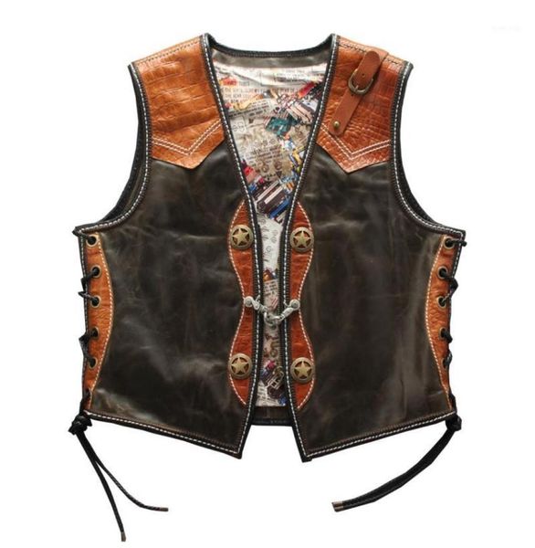 

mens cowhide genuine leather vest punk rock real leather sleeveless jackets motorcycle biker vests adjustable zipper waistcoat12531515131, Black;white