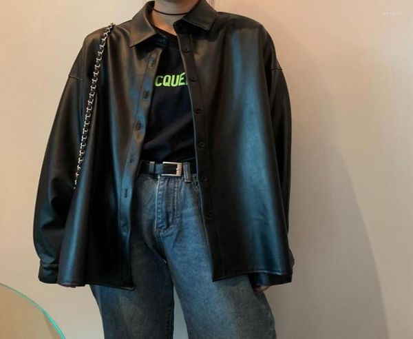 

women039s leather women black faux basic coat turndown collar oversized motor trench pu biker jacket 2022 autumn winter blouse66353148589