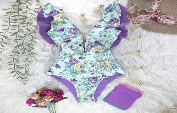 

one piece swimsuit one shoulder ruffle swimwear women leaf print bathing suits beach wear 2019 new arrival monokini swim b1205190173