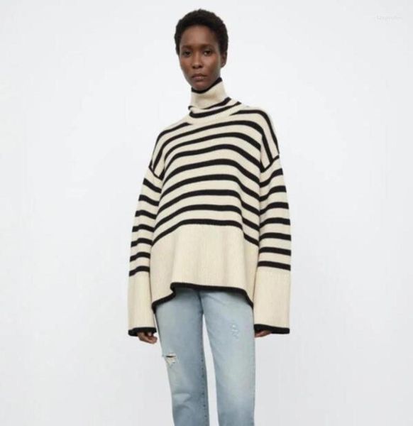 

women039s sweaters striped wool longsleeved pullover for totem 2022 spring and autumn highneck loose black white slit knitted6620993, White;black