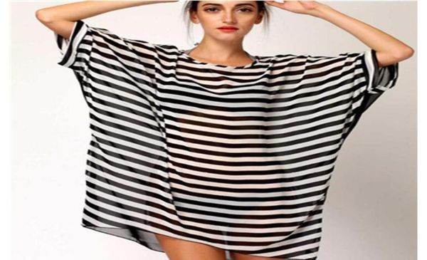 

women loose bat shirt chiffon oneck 2021 black and white striped beach swimwear cover streetwear women039s blous3172778
