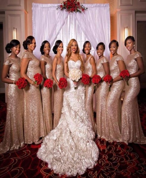 

2017 rose gold sequined long bridesmaid dresses jewel short capped sleeves mermaid party gowns back zipper sweep train custom made1756652, White;pink