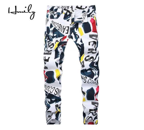

hmily spring summer men letter print jeans new fashion white male jeans for casual slim fit street designer pants big size x06212072351, Blue