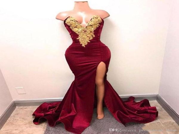 

new design 2k20 burgundy evening dresses with gold lace appliqued mermaid front split for 2020 long prom party evening wear g6045640, Black;red
