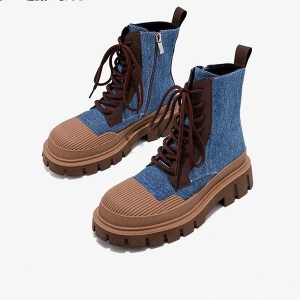 

2023 autumn new fashion korean denim fabric face thick bottom smoke pipe boots short barrel lace up western denim martin boots 230811, Black