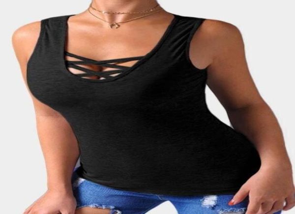 

2020 ladies summer casual sleeveless bandage hollow out slim vest tshirt new summer women tank 5636895, White