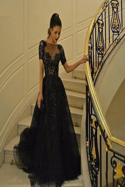 

black beaded evening gowns with short sleeves zuhair murad 2019 dubai arabic sequins women wear aline formal prom dresses1757777, Black;red