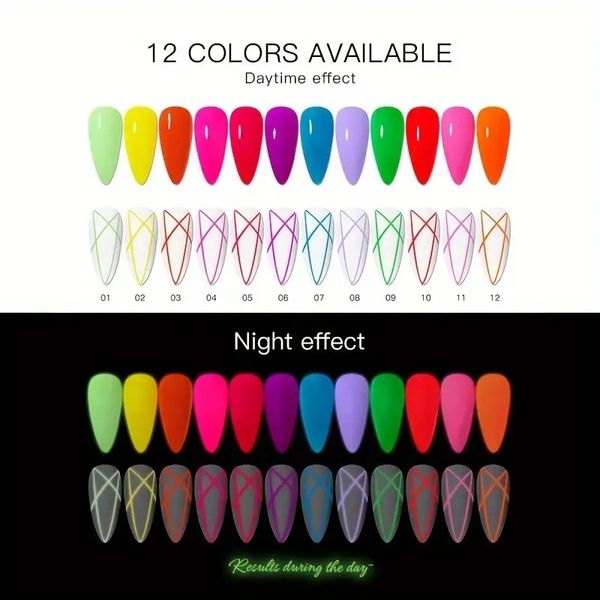 

12 colors glow in the dark gel painted liner nail polish set for diy nail art - luminous neon drawing line gel nail polish set