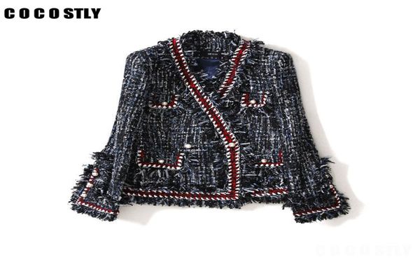 

2020 new spring autumn tweed jacket women vneck double breasted pearl buckle slim tassel coat women clothes1476142, Black;brown