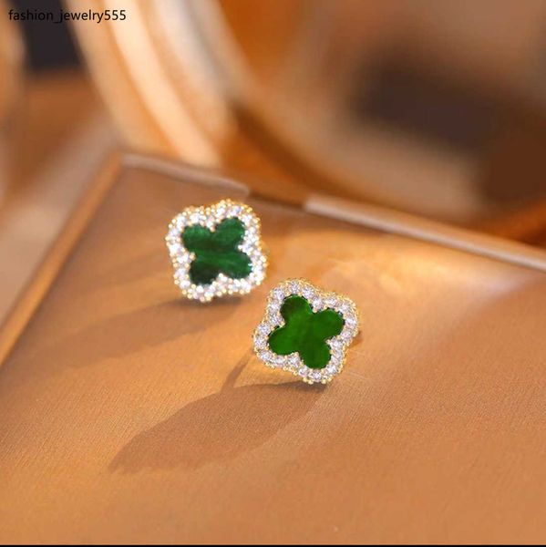 

stud leaf studs earrings for women girls fashion luxury rhinestone flower 925 silver needle ear jewelry black green white red four leaves ch, Golden;silver