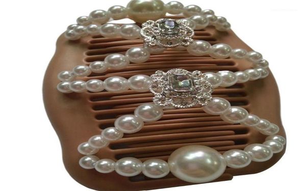 

women magic double hair comb imitation wood pearl clip stretchy hairpin bead diy c6ud15383736, Golden;white