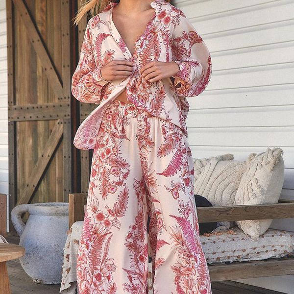 

womens tracksuits female turndown collar loose shirt outfits casual streetwear straight sets spring autumn fashion floral print long pants s, Gray