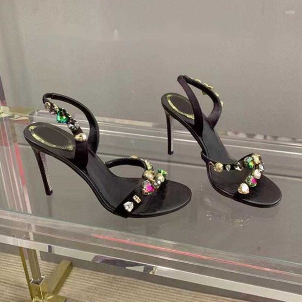 

sandals 2023 crystal rhinestone high heels woman black summer shoes women satin sandalias