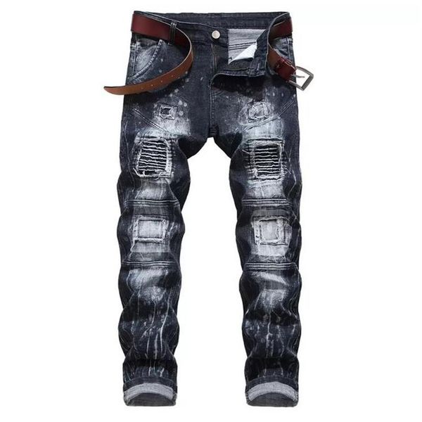 

mens jeans new fashion elastic personality motorcycle style patchwork denim trousers ripped jjeans for men stretch ripped2903, Blue