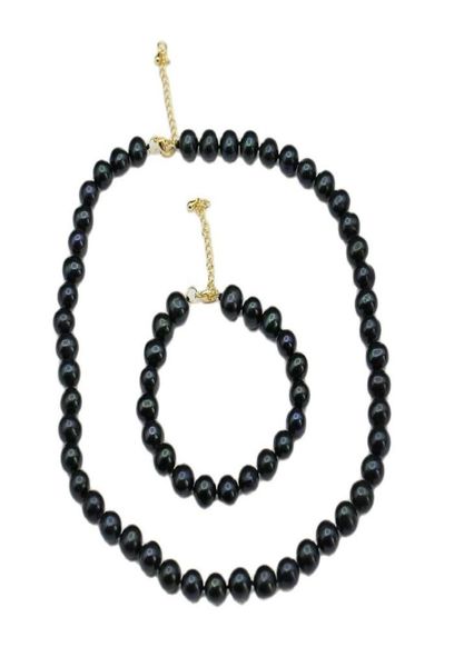 

real natural peacock blue black round pearl necklace bracelet sets simple gift for lady girls9478210, Silver