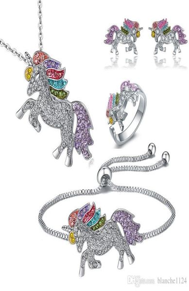 

4pcslot unicorn necklace bracelet earring stud ring jewelry sets 925 silver diamond colorful pony pendants accessories whole2217645, Black