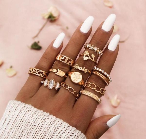 

cluster rings bohemian rose baby tulip chain arrow carved star fivepointed12 sets88163951138021, Golden;silver
