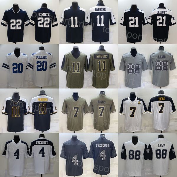 

men football 88 ceedee lamb jersey 4 dak prescott 21 ezekiel elliott 20 tony pollard 11 micah parsons 7 trevon diggs blue white thanksgiving, Black;red