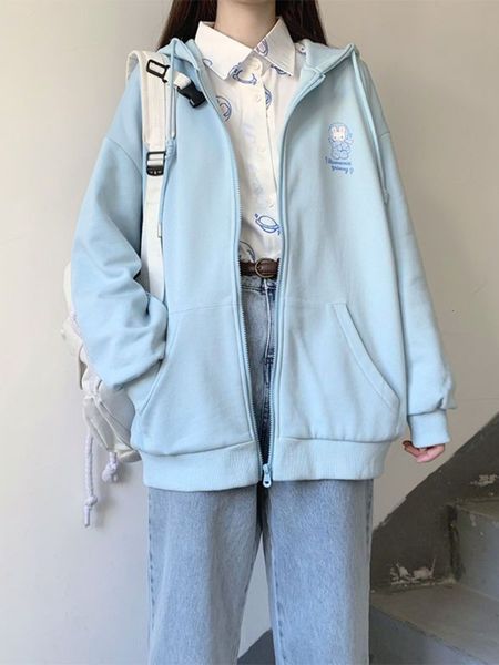 

womens hoodies sweatshirts deeptown japanese kawaii blue zip up women cute sweet cartoon embroidery hooded sweatshirt casual y2k zipper fem, Black