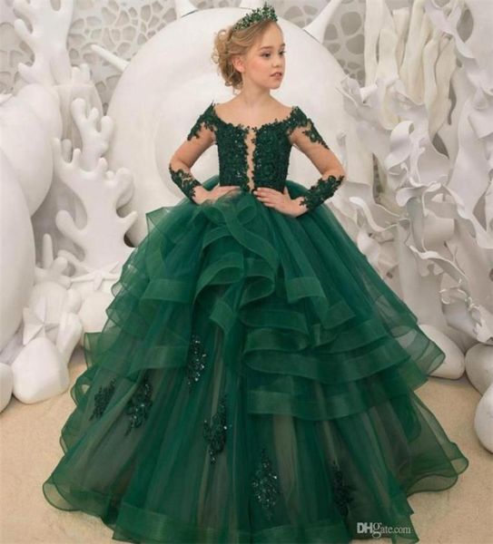 

gorgeous green flower girl dresses scoop neck appliqued beaded long sleeves girl pageant gowns ruffle tiered sweep train birthday 6821932, White;blue