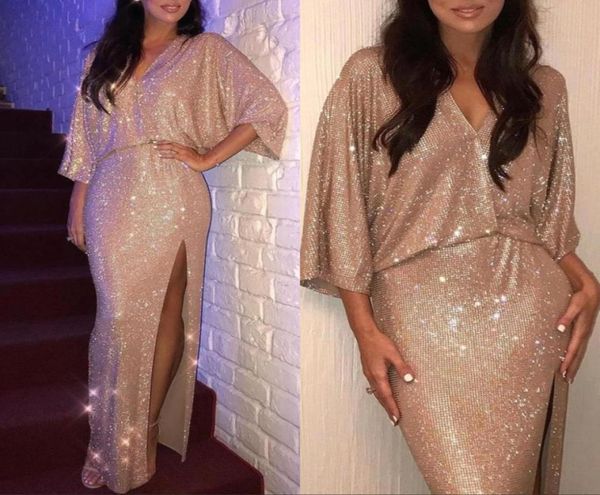 

sparkly gold sequined prom dresses 2019 custom made vneck mermaid long sleeves party dress side slit evening gowns robe de s6176434, Black