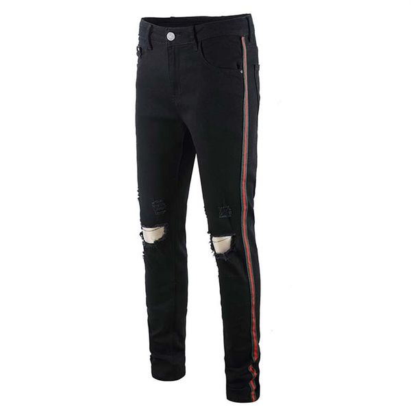

2020 men skinny jeans piping casual slim denim knees holes ripped pants 302f, Blue