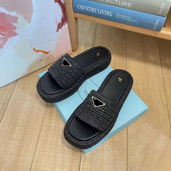 

3 colors triangle raffias sandal flip flops woman men fashion slippers designer straw slide beach casual weave flat slipper platform heel sh, Black