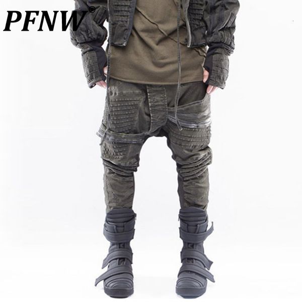 

men's pants pfnw autumn winter vintage fashion patchwork asymmetrical pencil cargo casual thicken pockets trousers 12a7243 230810, Black