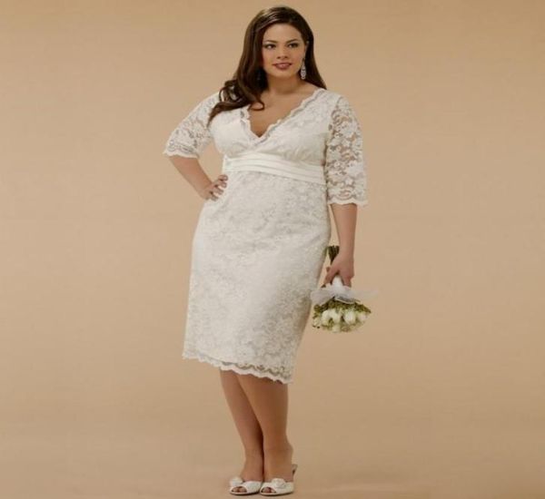

knee length plus size lace wedding dresses 2015 v neck short sheath bridal dresses half sleeves garden wedding gowns with sash3975050, White