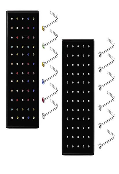 

60pcsset nose piercing 18mm stainless steel nose studs crystals lshape ear piercing tragus cartilage pin body jewelry6469677, Silver