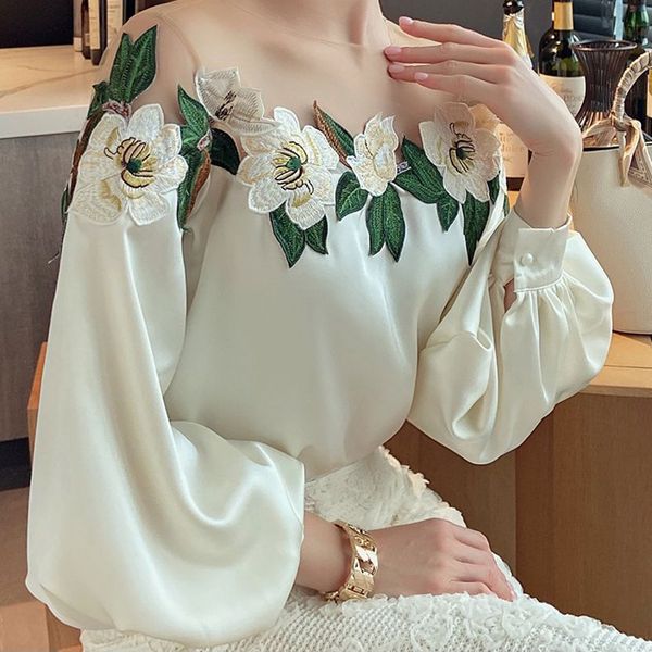 

floral embroidery satin blouse summer 2023 women elegant mesh patchwork off shoulder long sleeve fake silk blouse shirt top, White