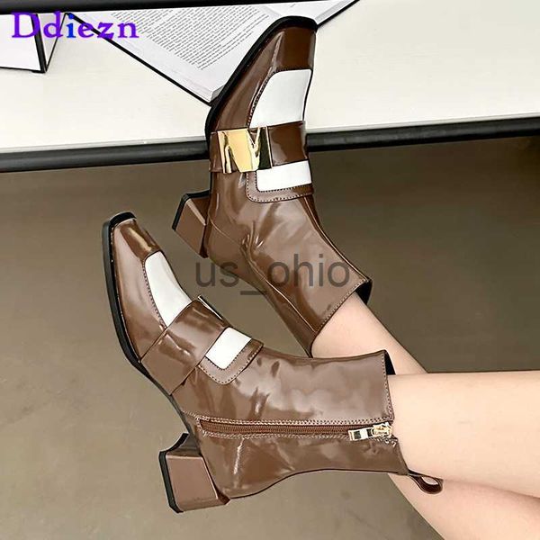 

boots fashion women ankle boots modern footwear mixed colors shoes square toe outdoor shoes zippers metal new ladies short heels boots j0811, Black