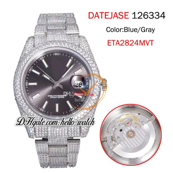 

new date gray dial 126334 126333 seagull eta 2824 automatic mens watch 904l stick mark fully iced out diamond bracelet jewelry watches hello, Slivery;brown