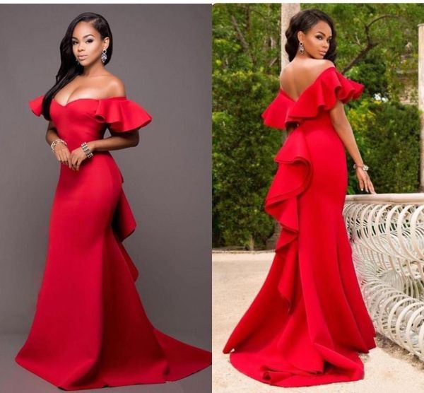 

gorgeous red mermaid long bridesmaids dresses off the shoulder ruffles backless maid of honor floor length satin wedding party dre9163763, White;pink