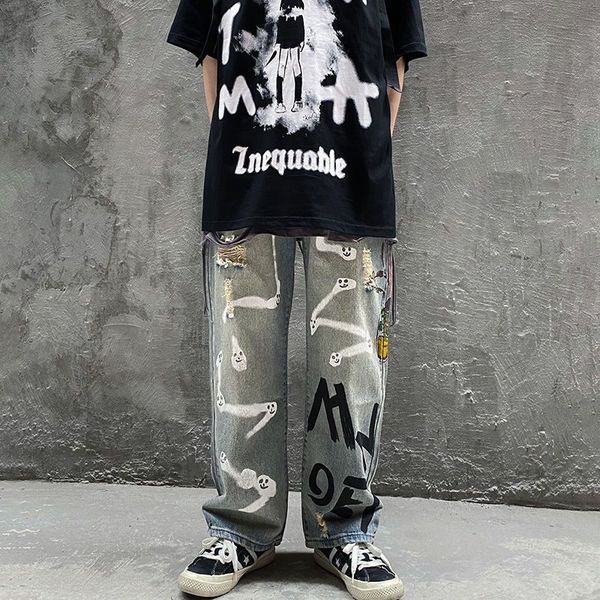 

mens pants high street hiphop personality graffiti large size jeans men ins brand loose straight trousers ripped pants 230810, Black