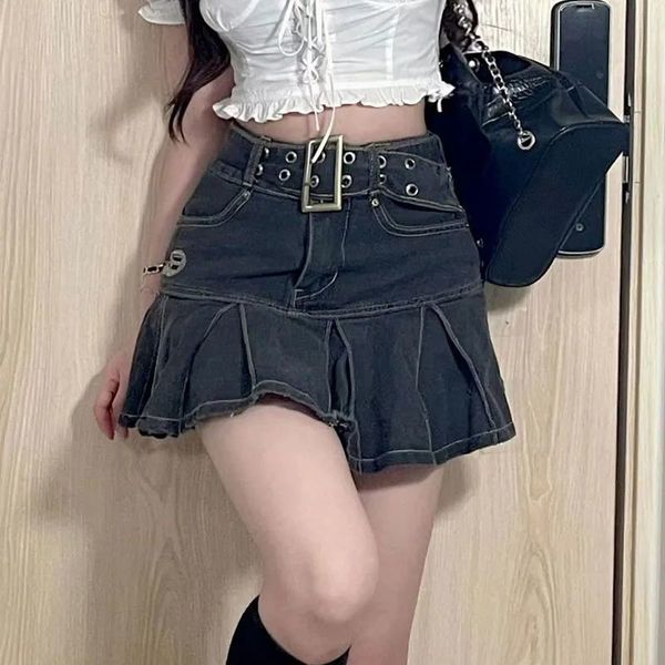 

skirts american spice girl y2k summer short denim skirt high waist pleated skirt denim black jean skirt skirts for women 230811