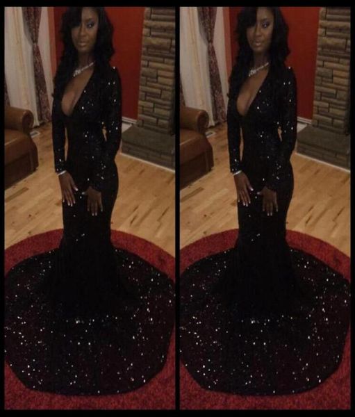 

sparkly sequins deep v neck 2016 elegant black evening dresses long sleeves mermaid prom dresses vestido de festa60123974567387, Black;red