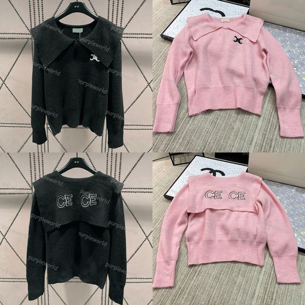 

womens sweater pullover knitwear embroidery design solid color loose casual preppy style doll collar knitwear top, White