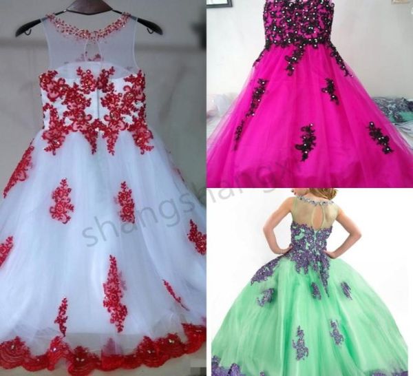 

2021 cute little girls pageant dresses sheer jewel neck white pruple tulle ball gown beads lace applique flower girls dress dl7405605145, White;red