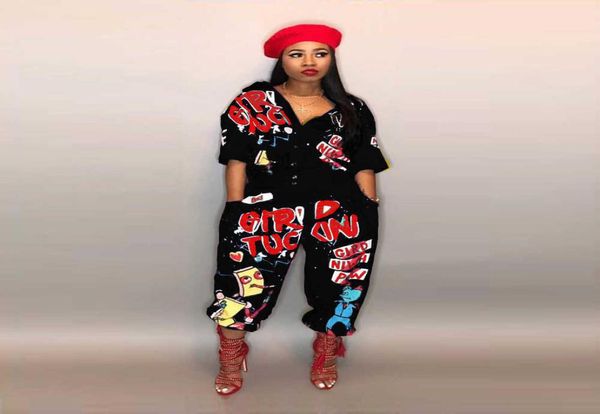 

women039s streetwear graffiti printed crosspants jumpsuit short sleeve turn down collar bodysuit casual loose overalls s8124326, Black;white