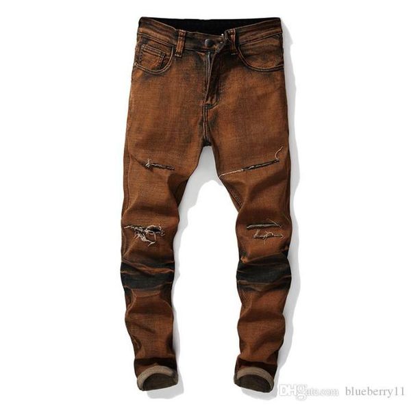 

new straight ripped jeans for men hip hop slim biker zipper fit jeans pants biker distressed men6831840, Blue