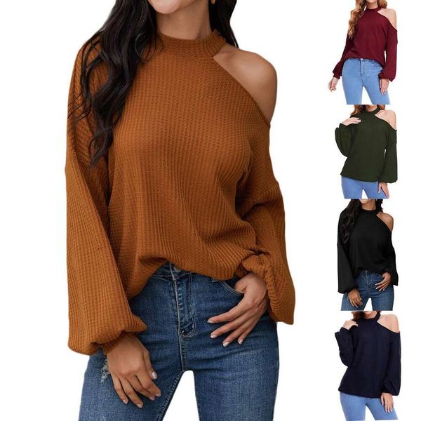 

womens waffle knitted t shirt off shoulder long sleeved loose, White