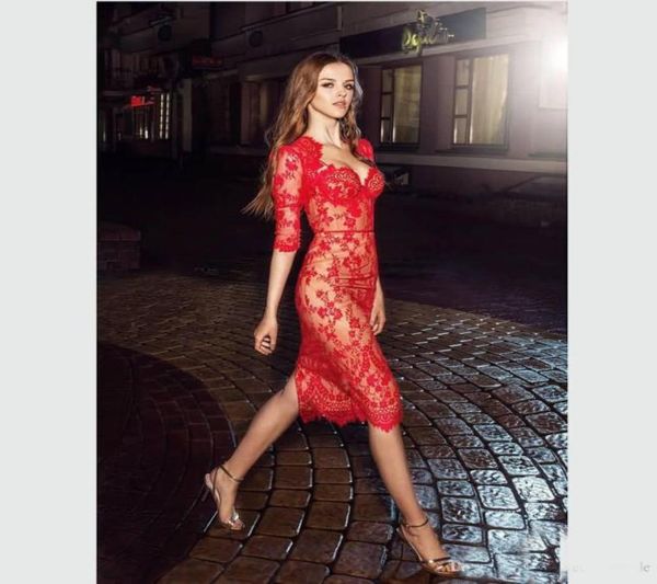 

2019 modern fashion red lace evening gowns knee length half sleeve sheer sheath cocktail party dress event celebrity gown56781133066750, Black