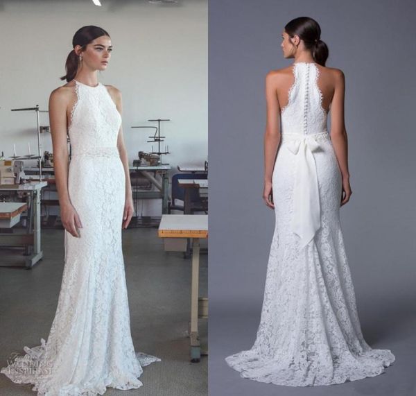 

country style beach wedding dress sheath column full lace halter neck sleeveless bridal gowns with exquisite beaded pearls sash tr3871278, White